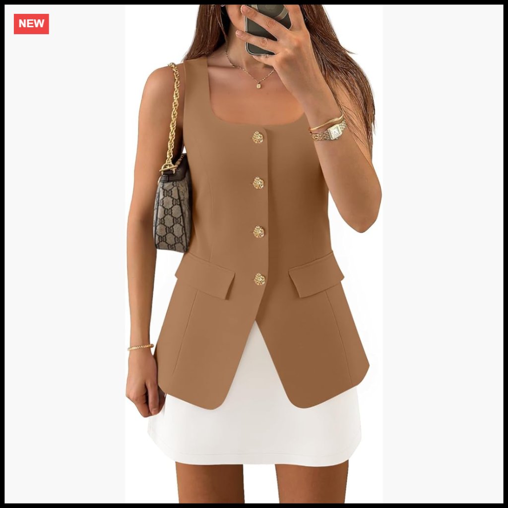 Sleeveless Suit Vest Square Neck Button Down Blazer Waistcoat Modern Feminine